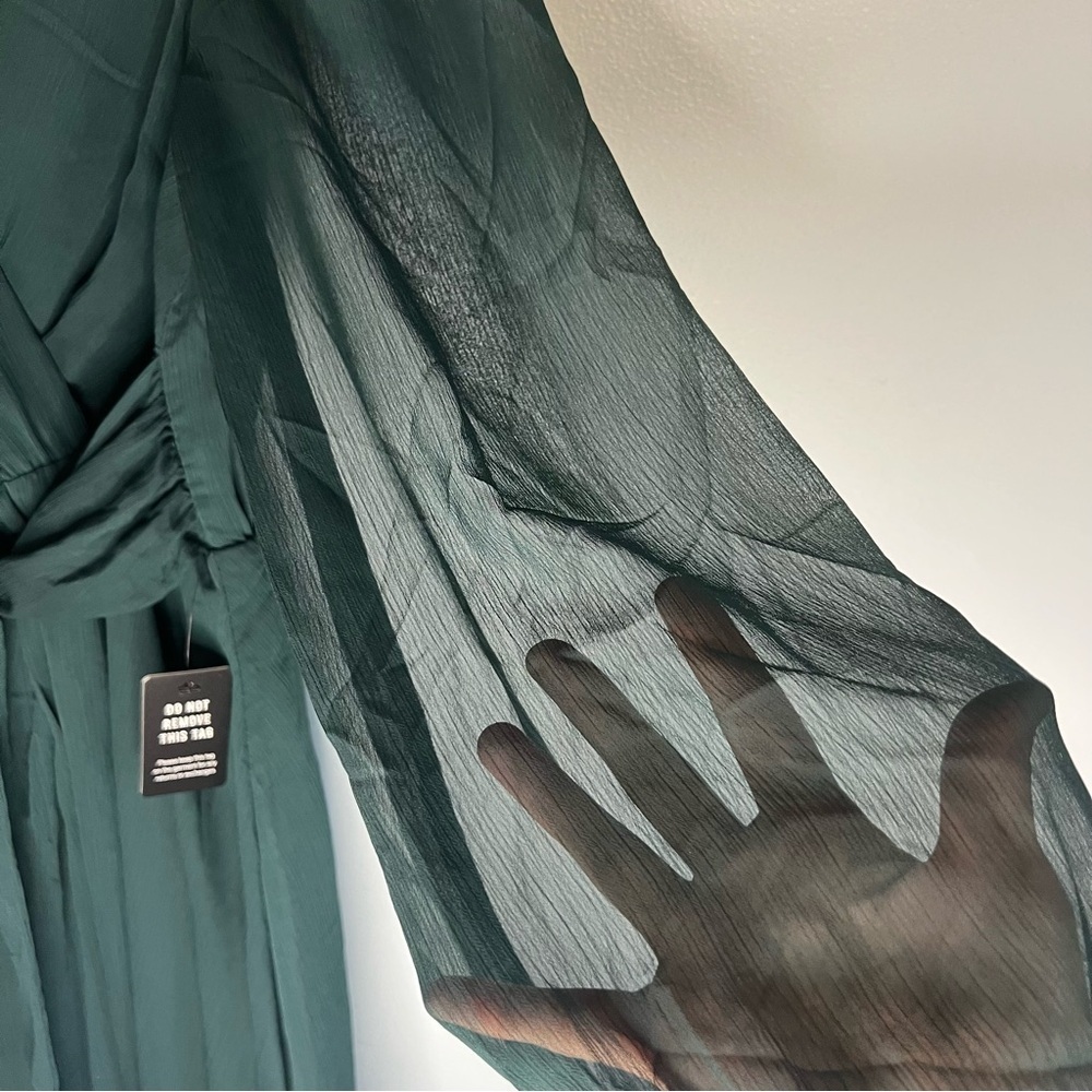 NWT Express Blouson Long Sleeve Tie Wrap Mini Dress Sz S Green Meshed Party - Picture 11 of 13